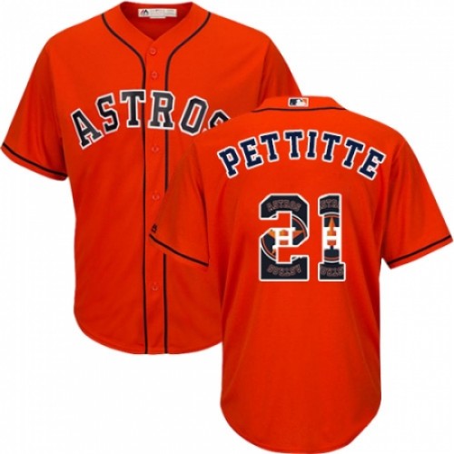 Men's Majestic Houston Astros #21 Andy Pettitte Authentic Orange Team Logo Fashion Cool Base MLB Jersey