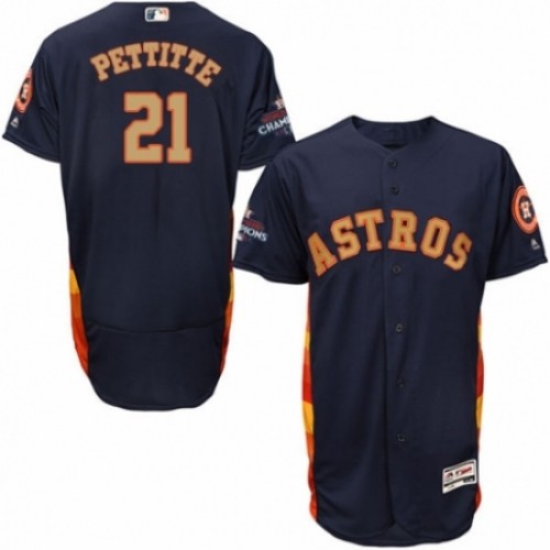 Men's Majestic Houston Astros #21 Andy Pettitte Navy Blue Alternate 2018 Gold Program Flex Base Authentic Collection MLB Jersey