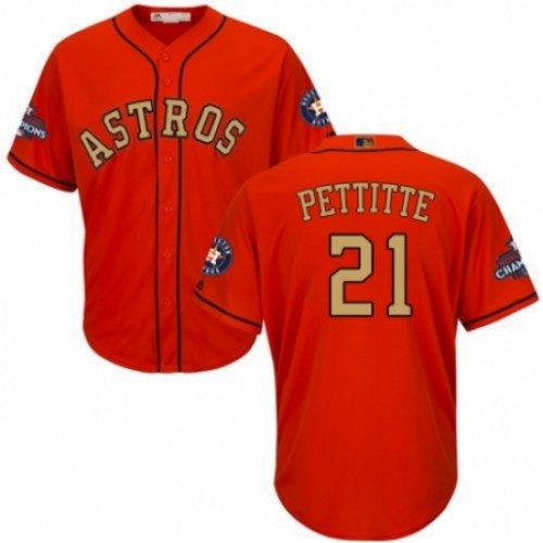 Men's Majestic Houston Astros #21 Andy Pettitte Replica Orange Alternate 2018 Gold Program Cool Base MLB Jersey