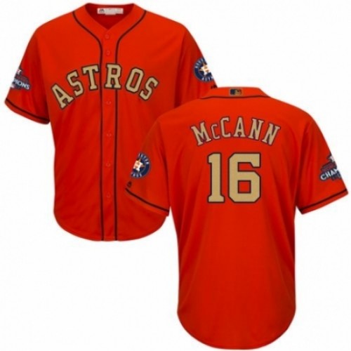 Men's Majestic Houston Astros #16 Brian McCann Replica Orange Alternate 2018 Gold Program Cool Base MLB Jersey