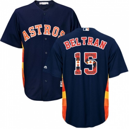 Men's Majestic Houston Astros #15 Carlos Beltran Authentic Navy Blue Team Logo Fashion Cool Base MLB Jersey