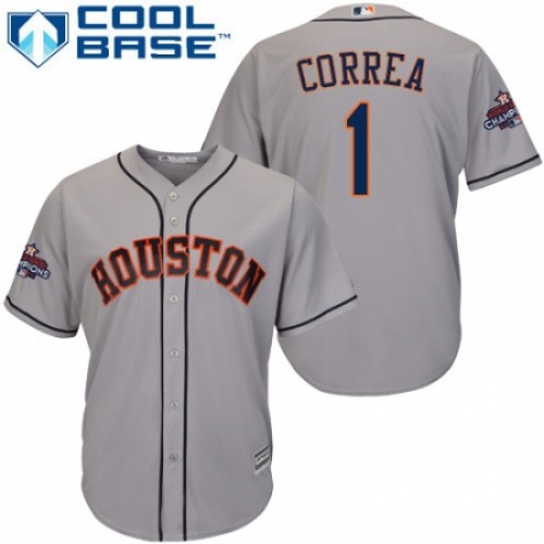 Youth Majestic Houston Astros #1 Carlos Correa Authentic Grey Road 2017 World Series Champions Cool Base MLB Jersey