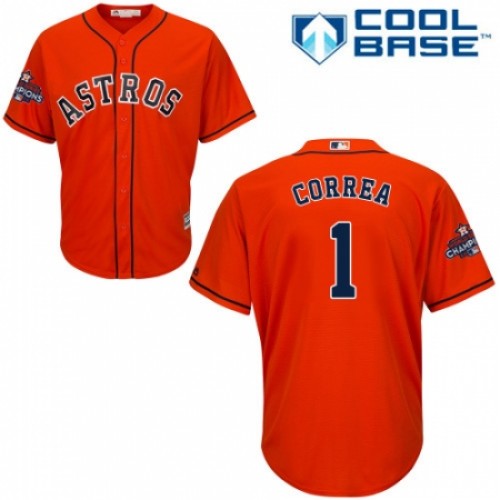Youth Majestic Houston Astros #1 Carlos Correa Authentic Orange Alternate 2017 World Series Champions Cool Base MLB Jersey