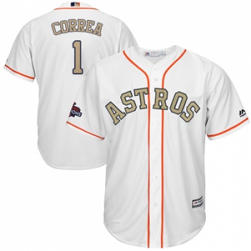 Youth Majestic Houston Astros #1 Carlos Correa Authentic White 2018 Gold Program Cool Base MLB Jersey