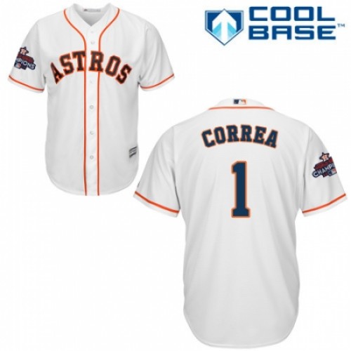 Youth Majestic Houston Astros #1 Carlos Correa Replica White Home 2017 World Series Champions Cool Base MLB Jersey