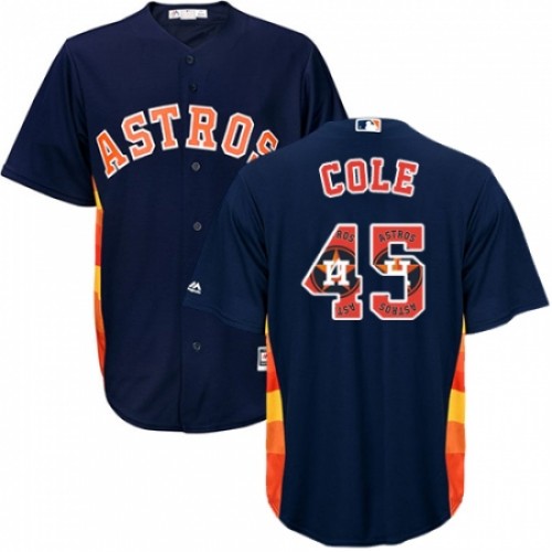 Men's Majestic Houston Astros #45 Gerrit Cole Authentic Navy Blue Team Logo Fashion Cool Base MLB Jersey