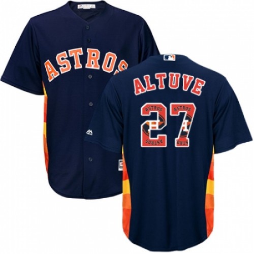 Men's Majestic Houston Astros #27 Jose Altuve Authentic Navy Blue Team Logo Fashion Cool Base MLB Jersey