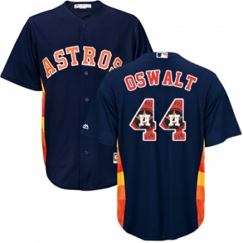 Men's Majestic Houston Astros #44 Roy Oswalt Authentic Navy Blue Team Logo Fashion Cool Base MLB Jersey
